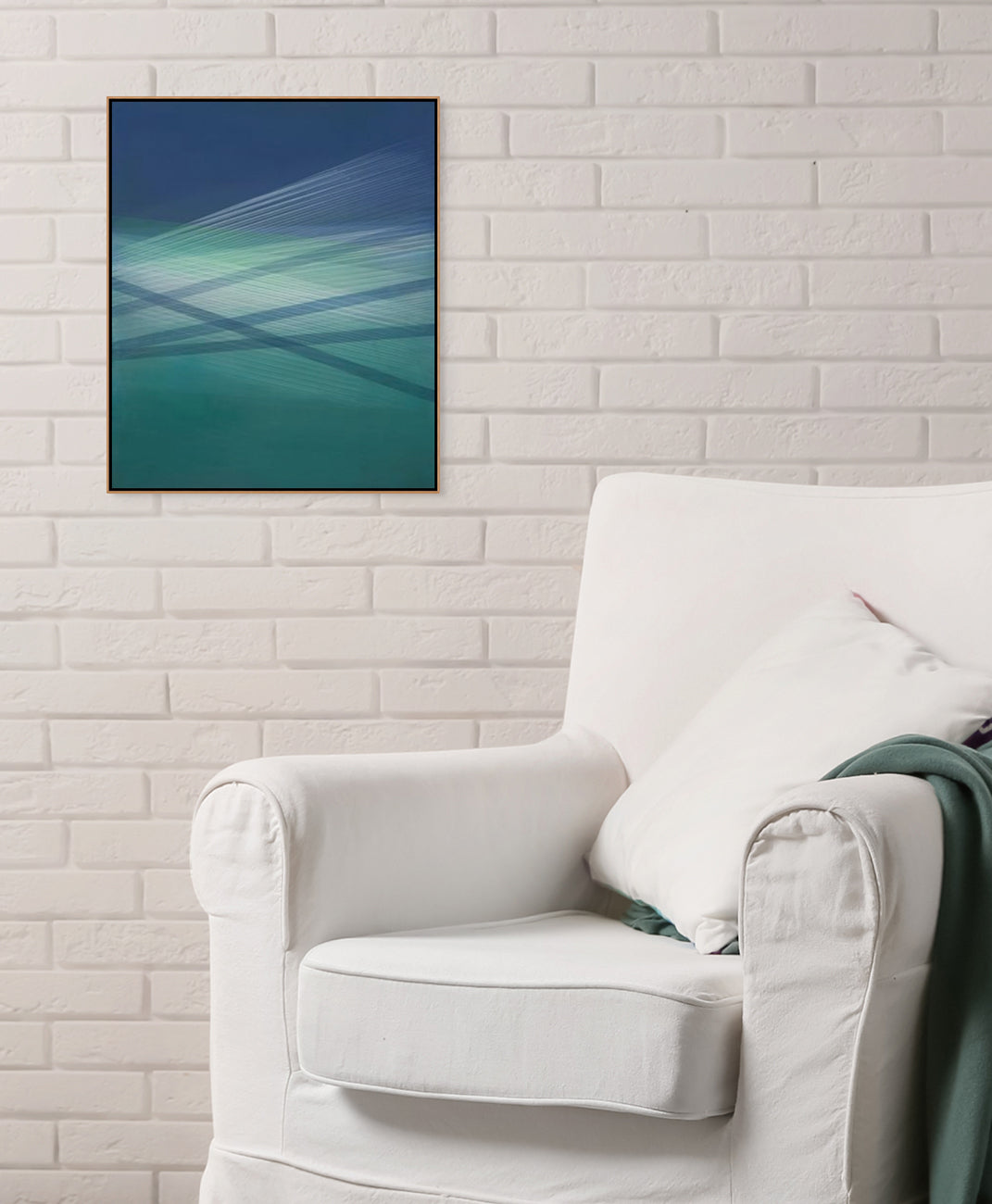 A blue and green abstract painting on a white background.