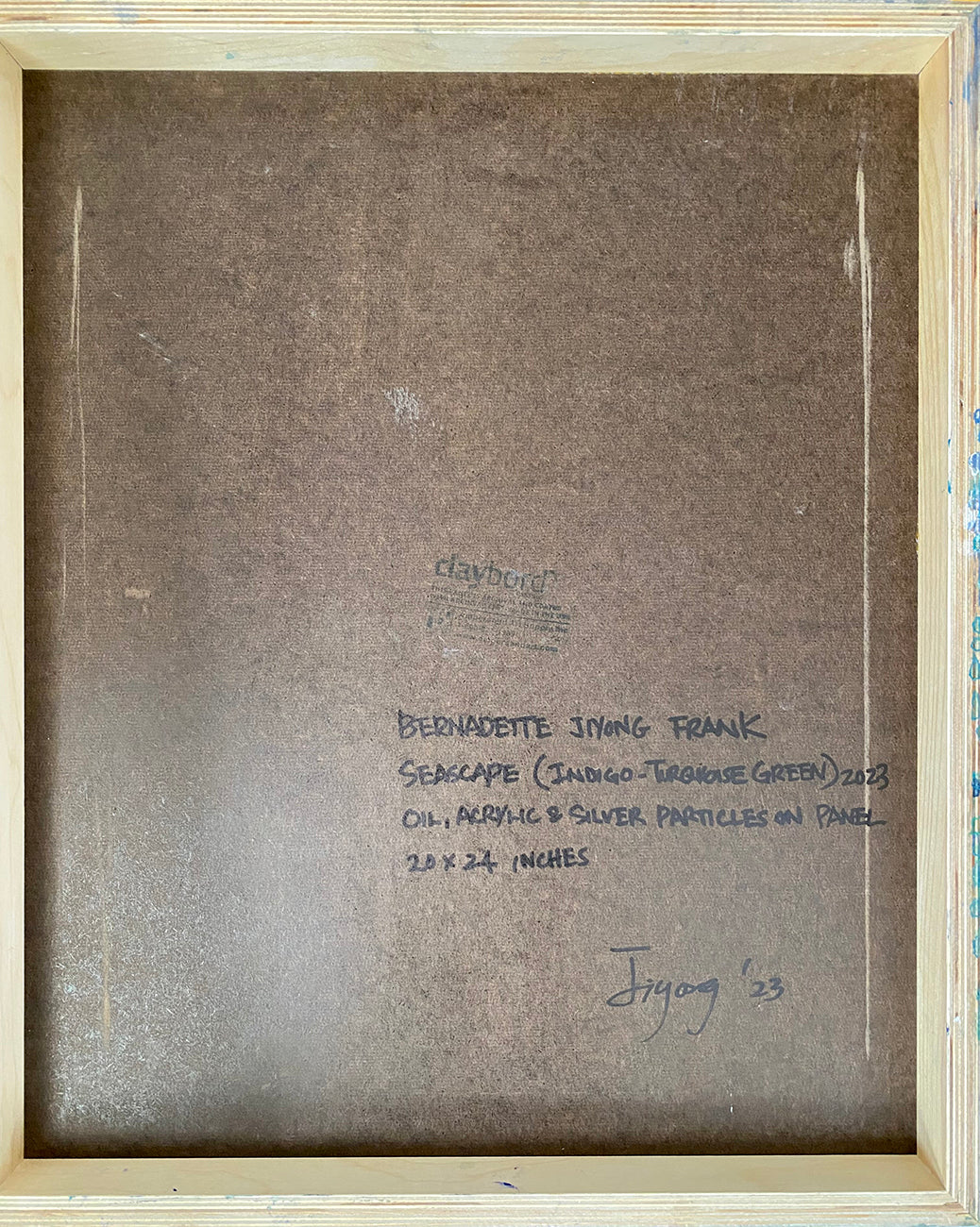 A blue and green abstract painting on a white background.