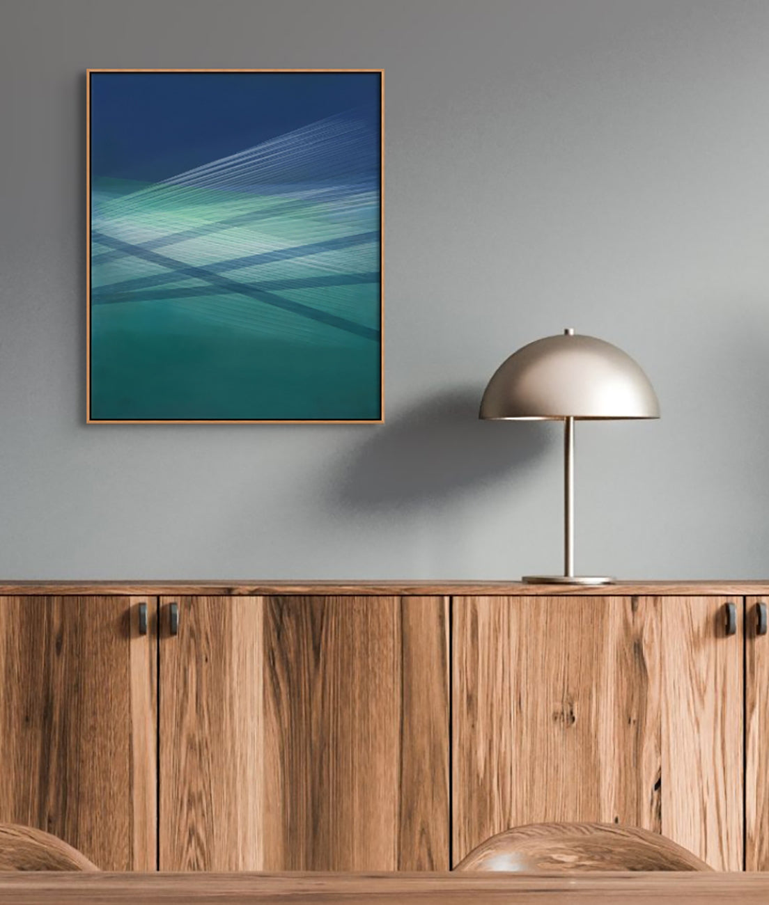 A blue and green abstract painting on a white background.