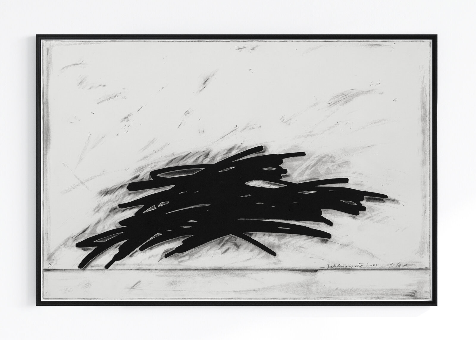 A minimalist black and white drawing featuring a dense cluster of thick, dark lines against a textured background.