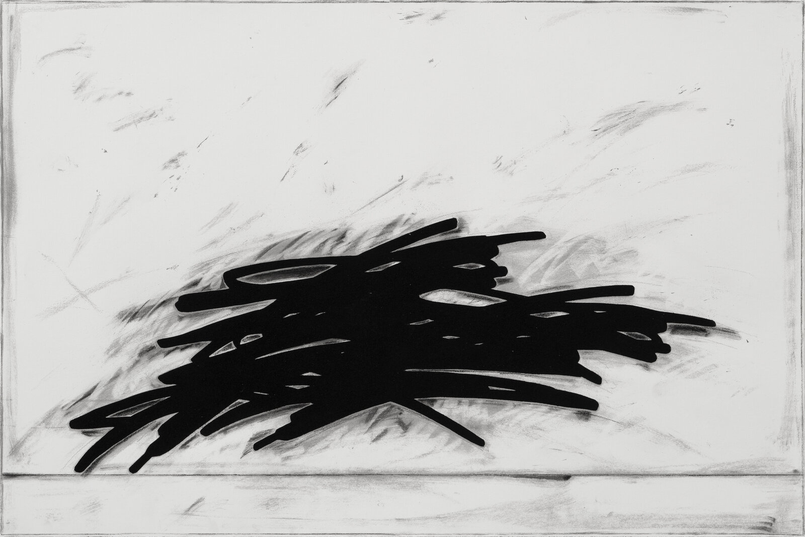 A minimalist black and white drawing featuring a dense cluster of thick, dark lines against a textured background.