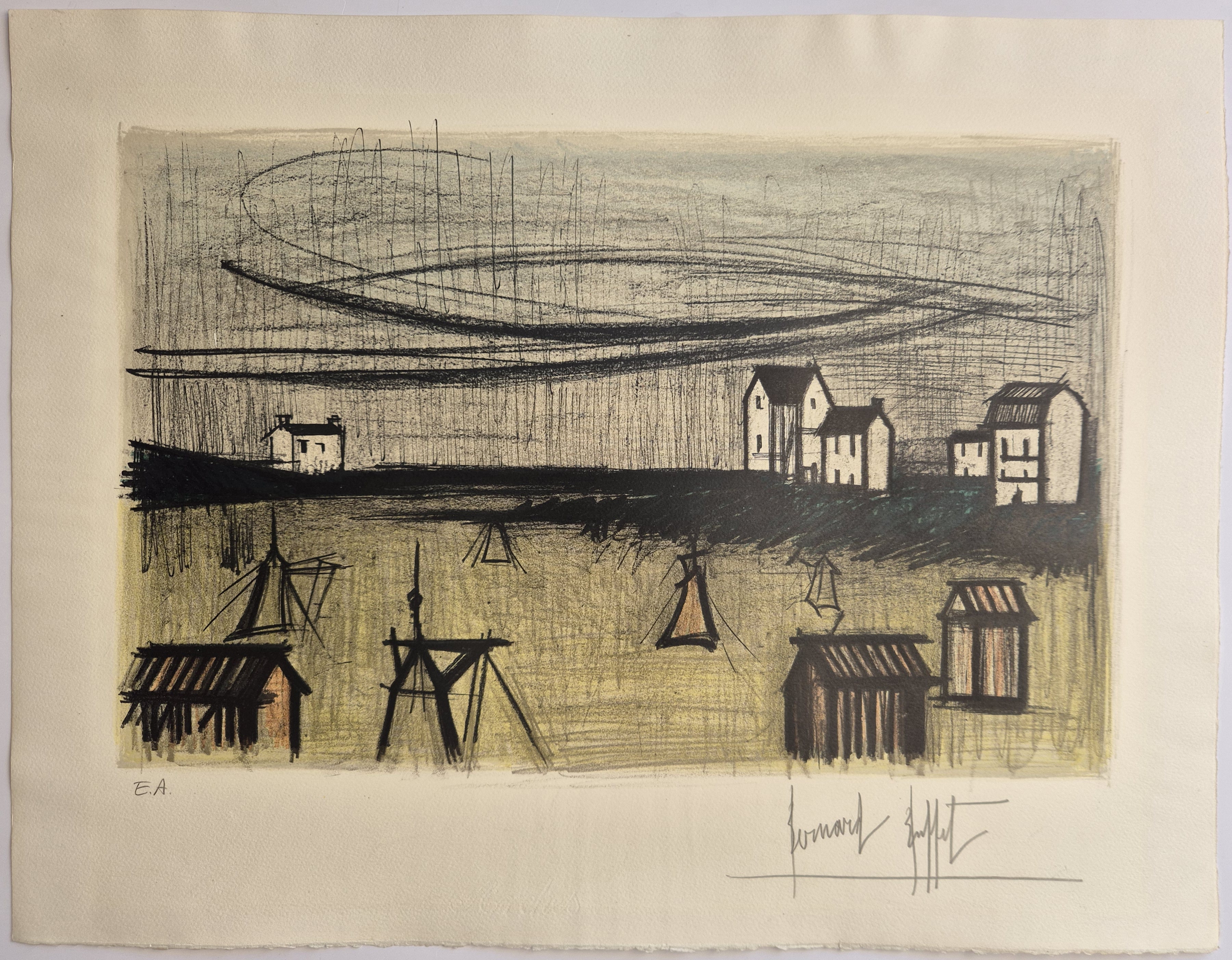 A black and white drawing of a small town by the water.