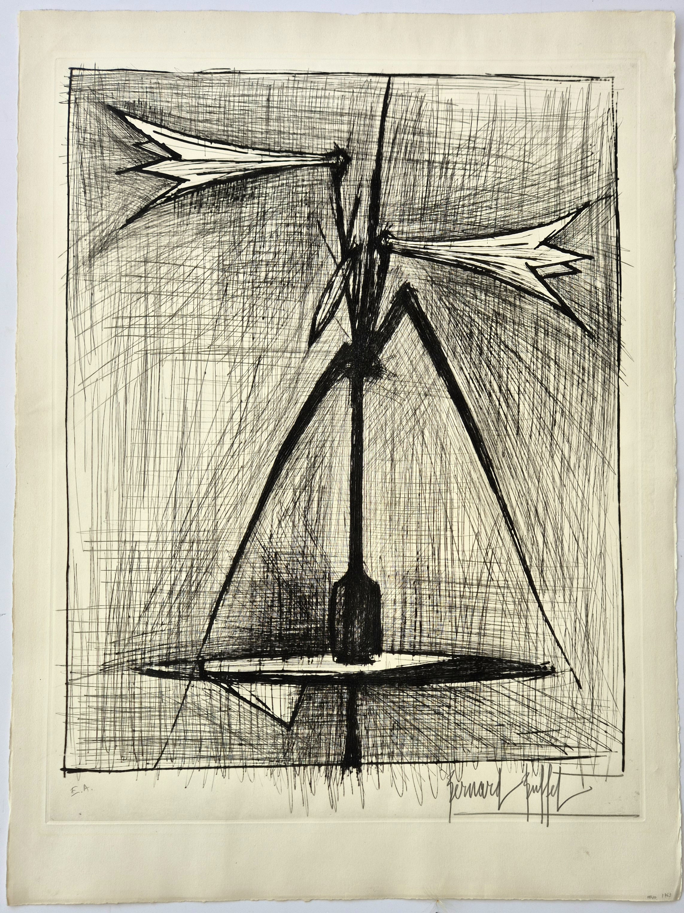 A black and white drawing of a windmill on a table.