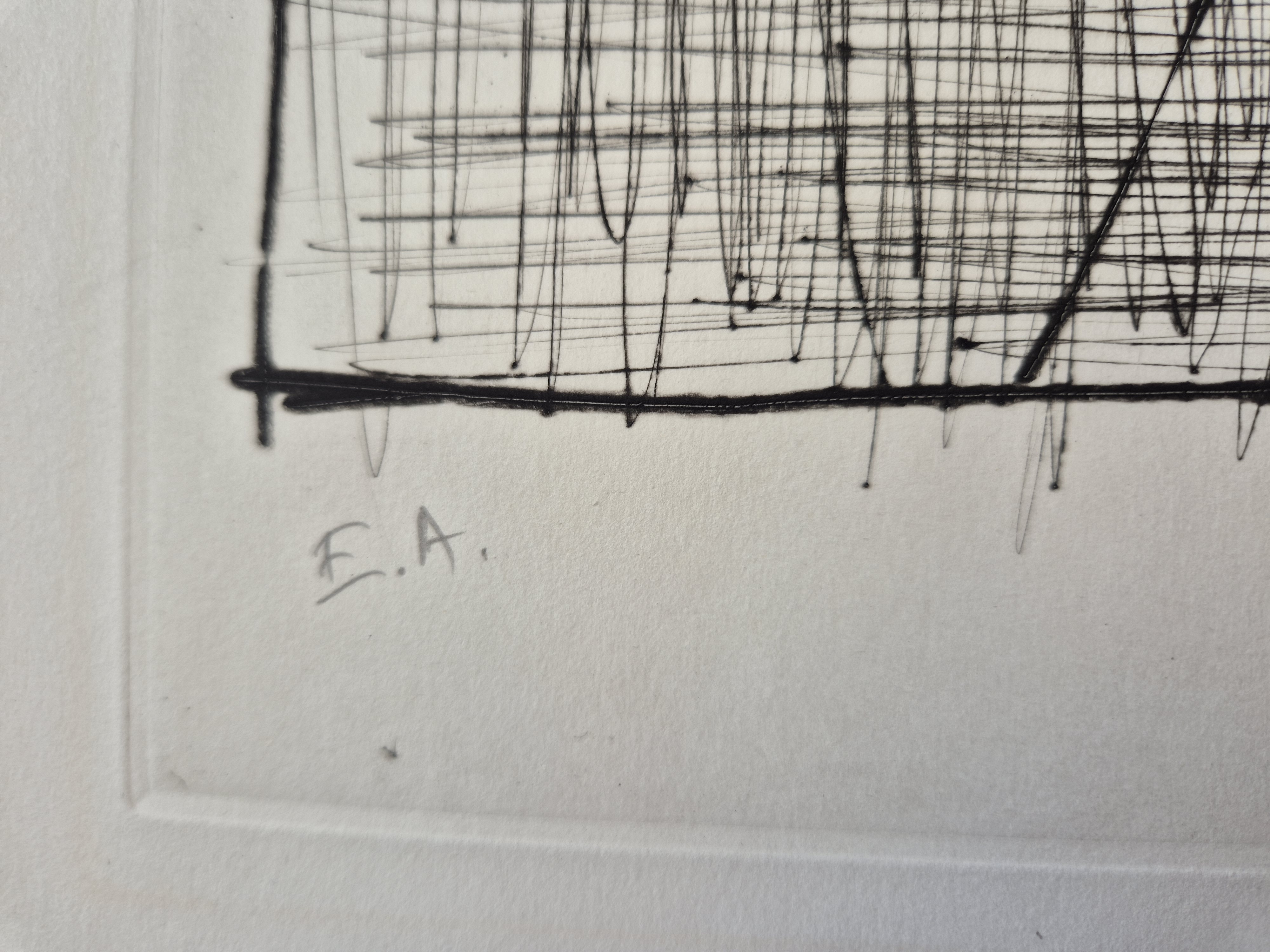 A black and white drawing of a windmill on a table.