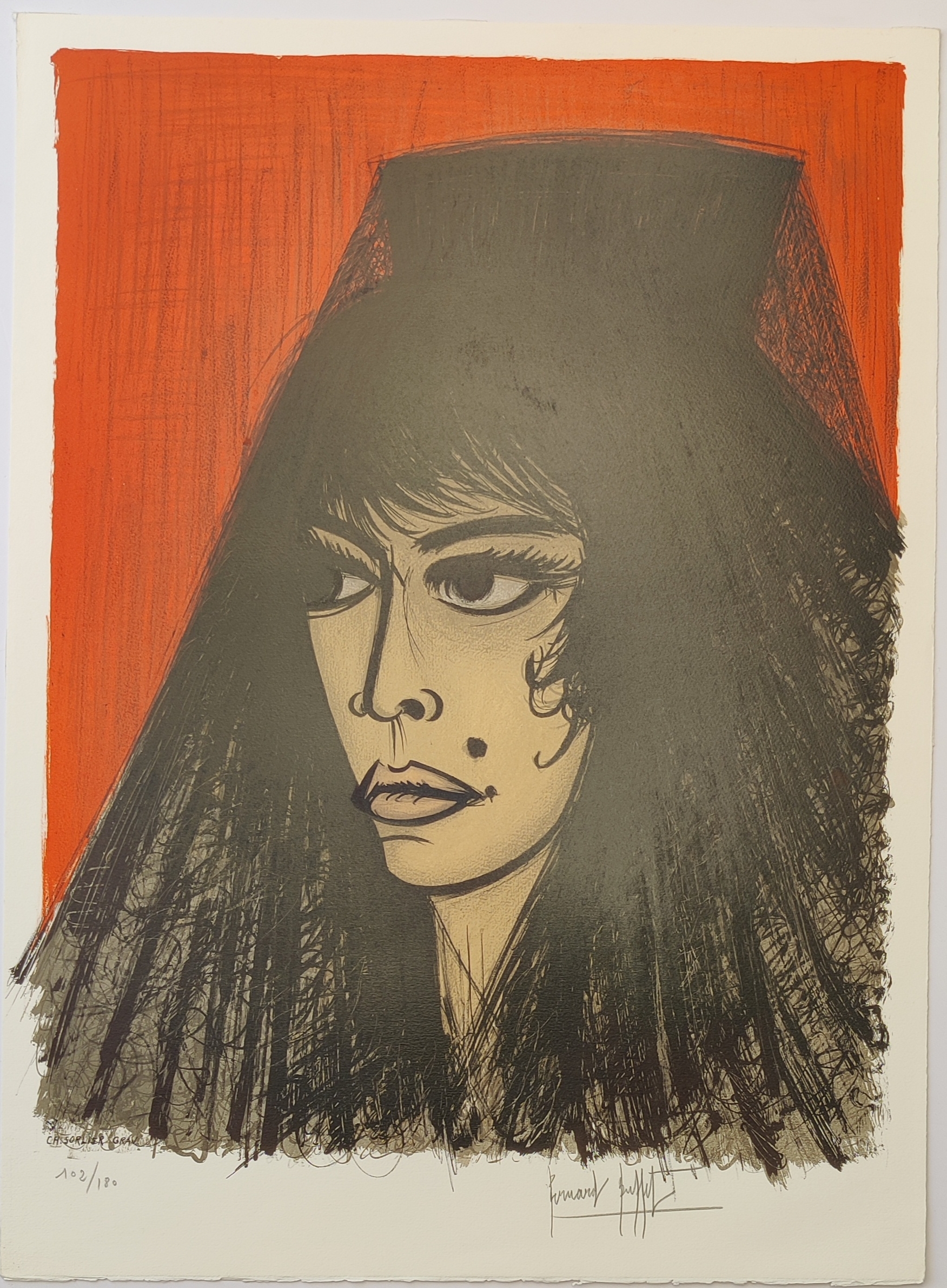 A bold graphic portrait of a figure with dark hair and an orange background.