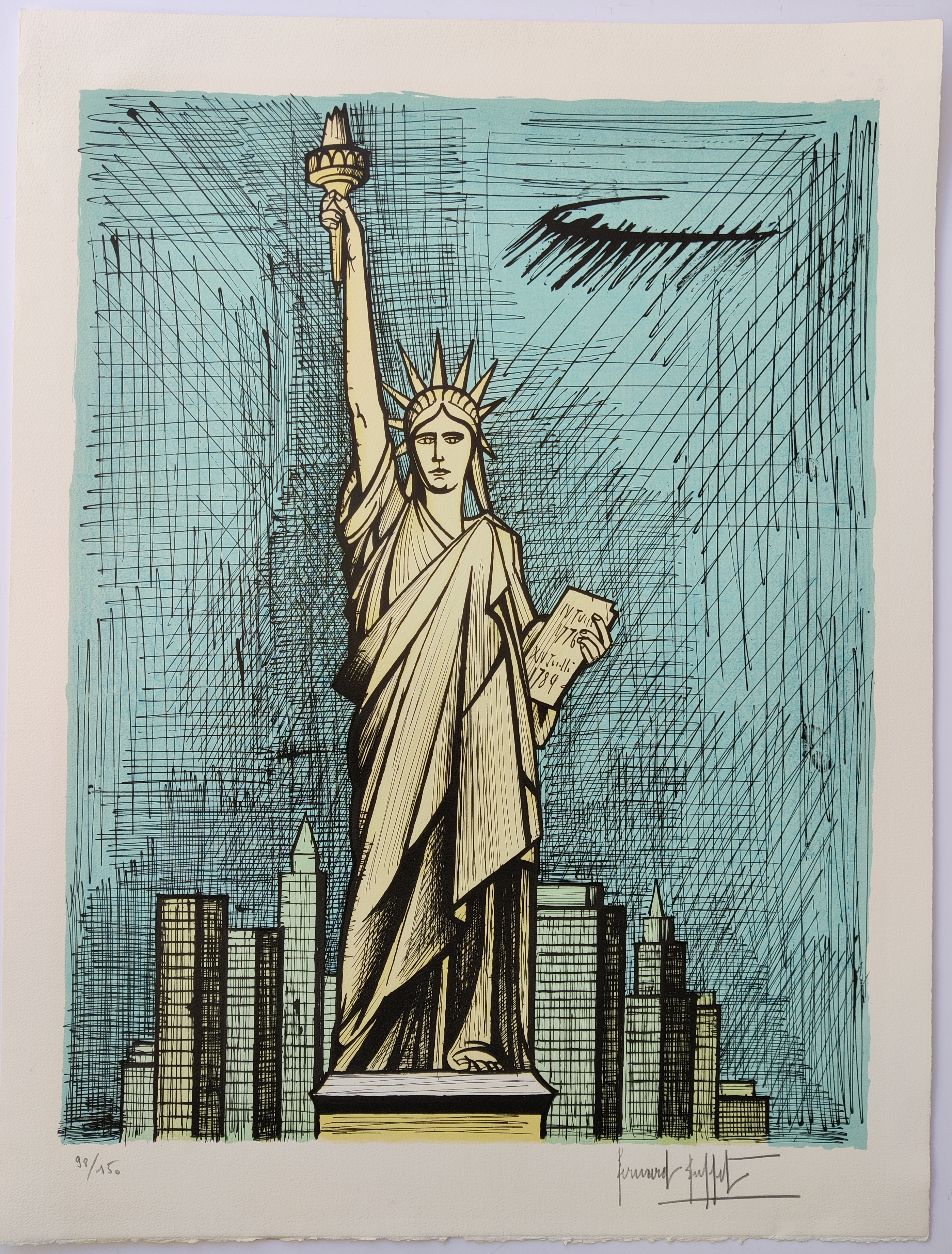 A drawing of the Statue of Liberty in front of a city.