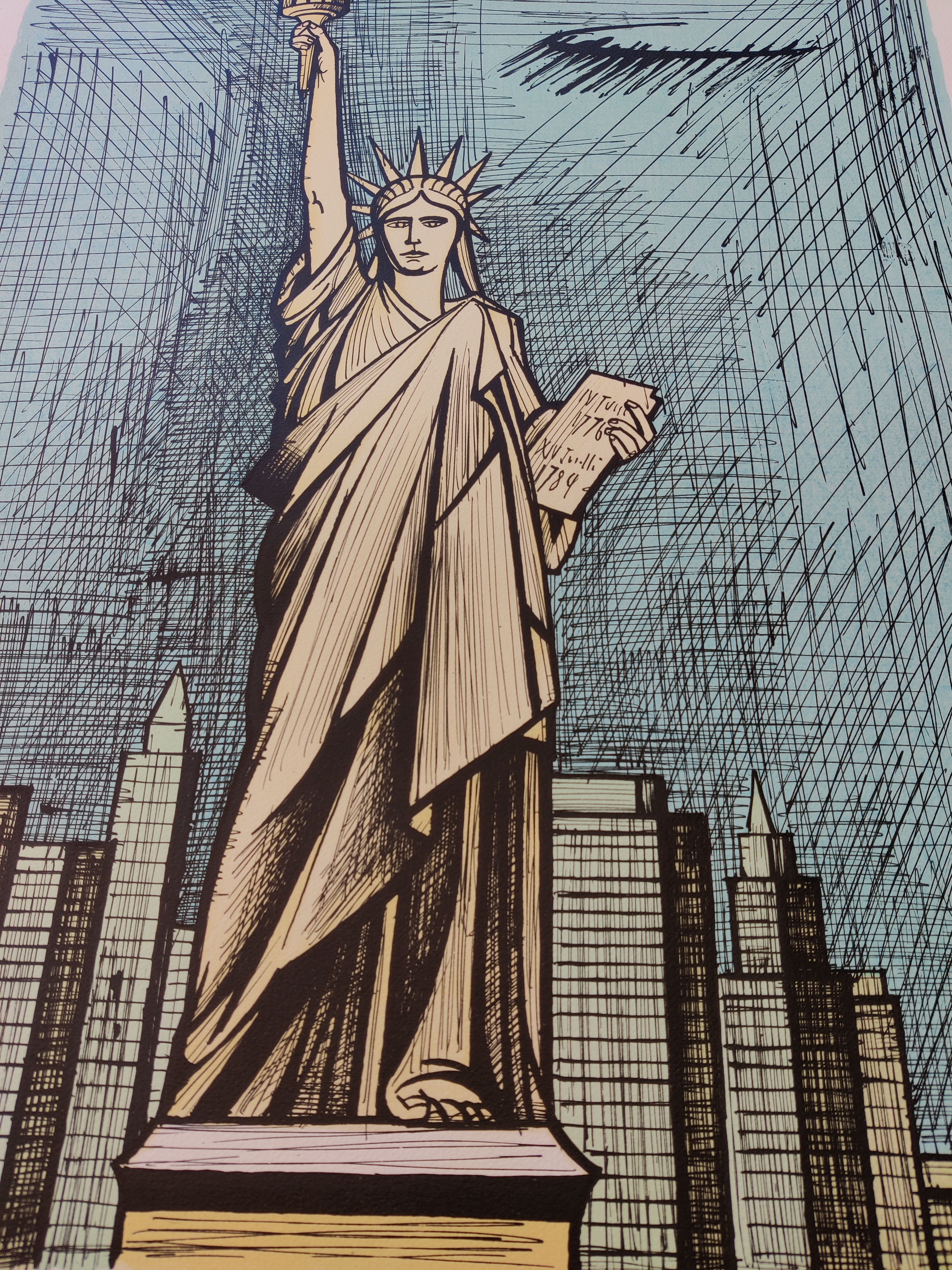 A drawing of the Statue of Liberty in front of a city.