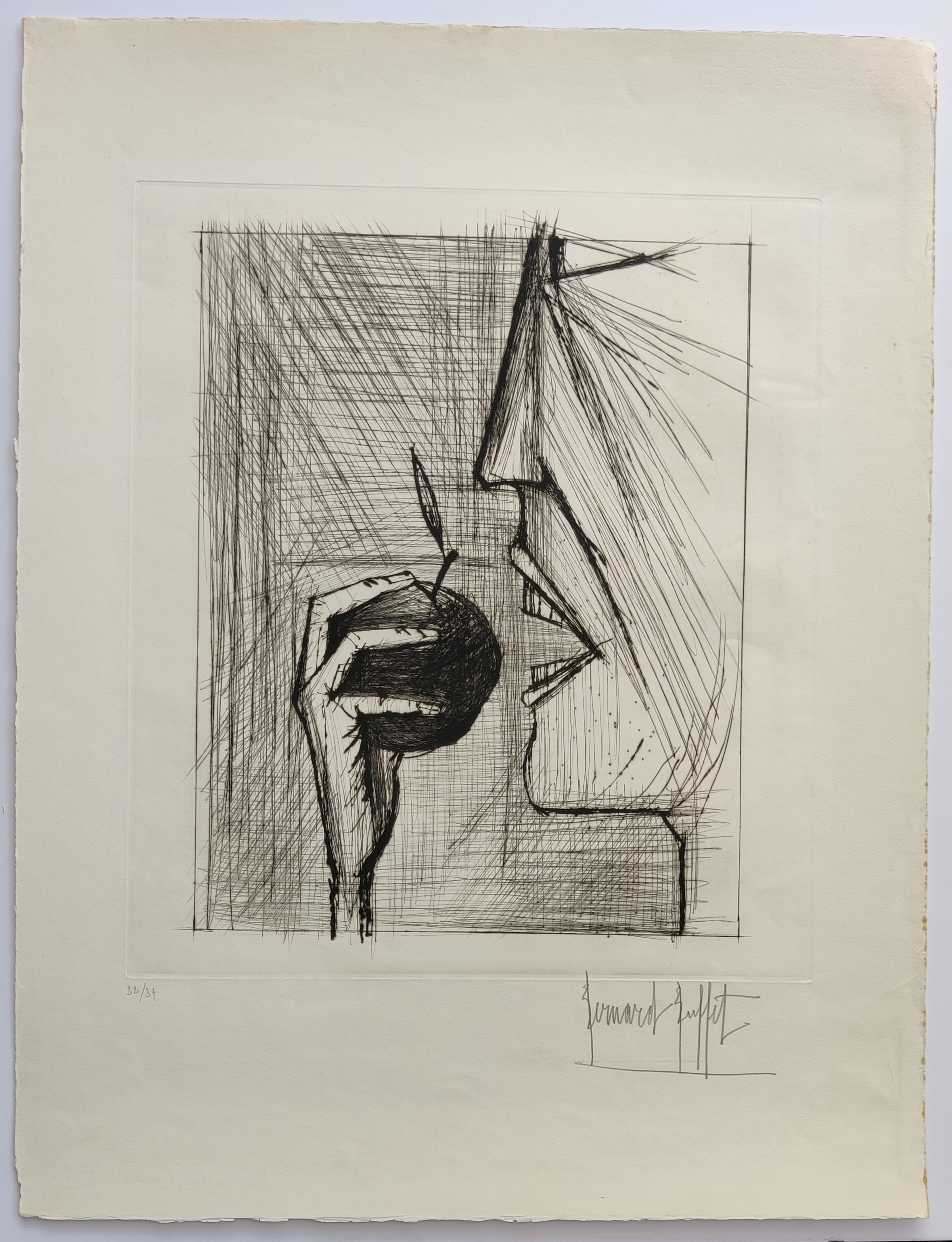 A black and white drawing of a woman's face with a cigarette in her mouth.