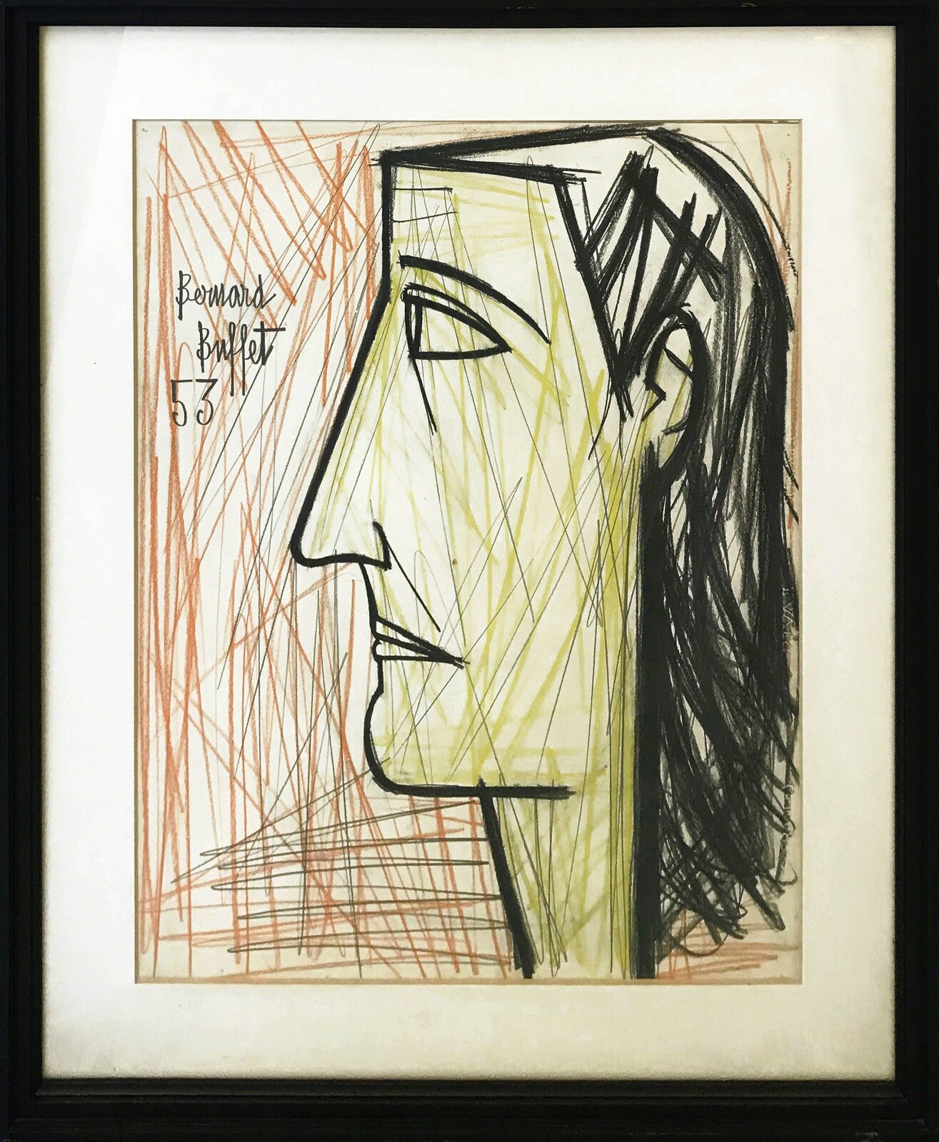 Artwork by Bernard Buffet, Profil De Femme, Made of Pencil And Crayon On Paper 