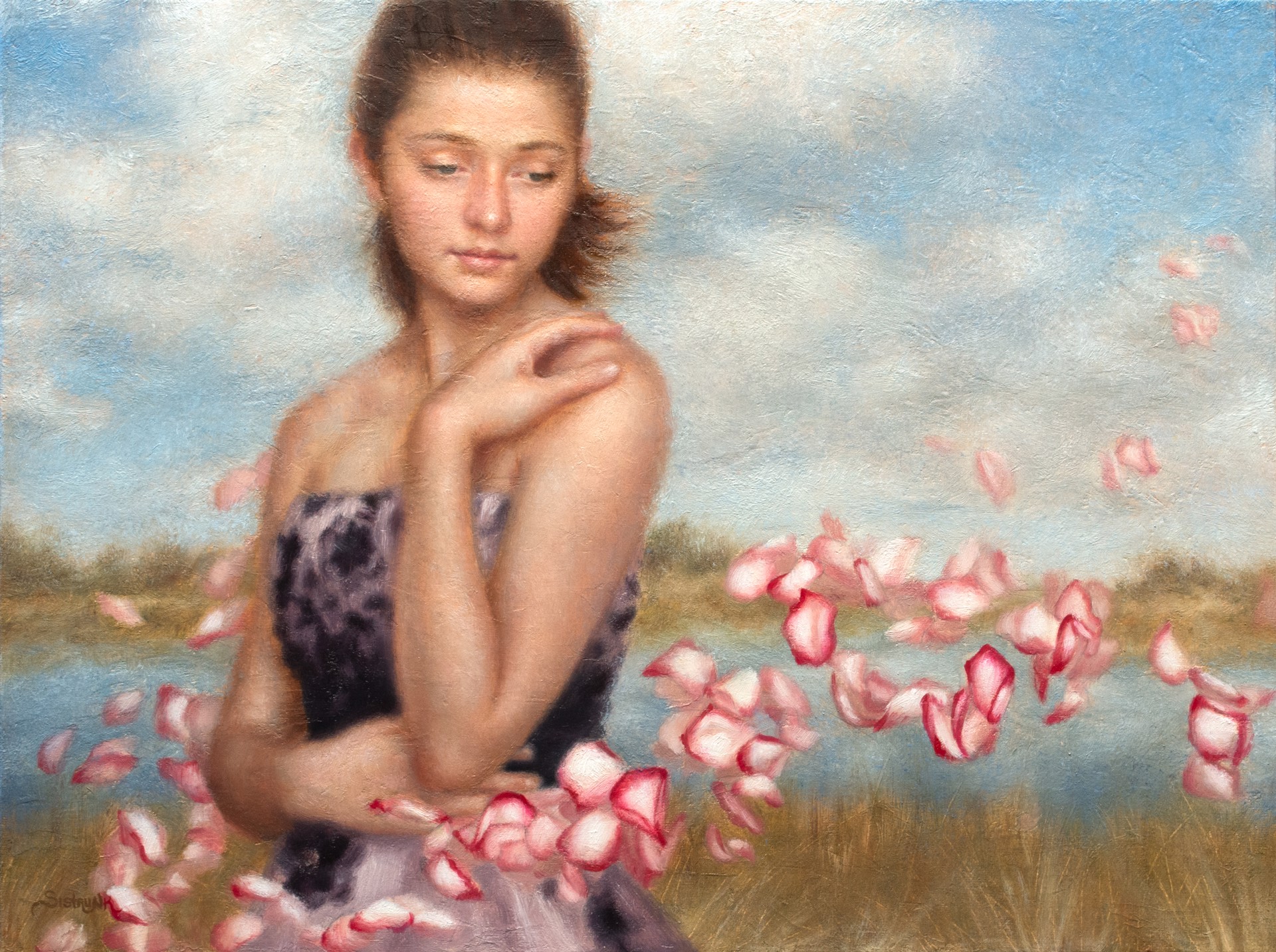 A painting of a woman in a field of rose petals.