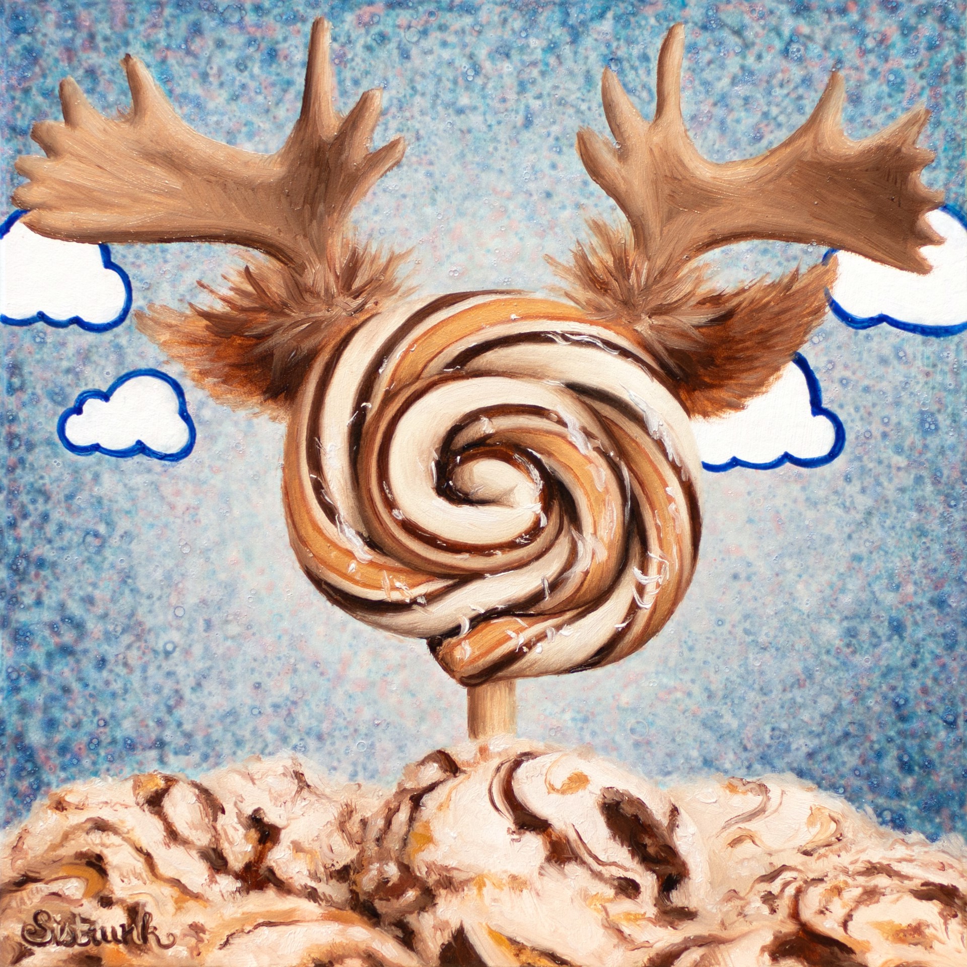 A painting of a lollipop with antlers on top of it.