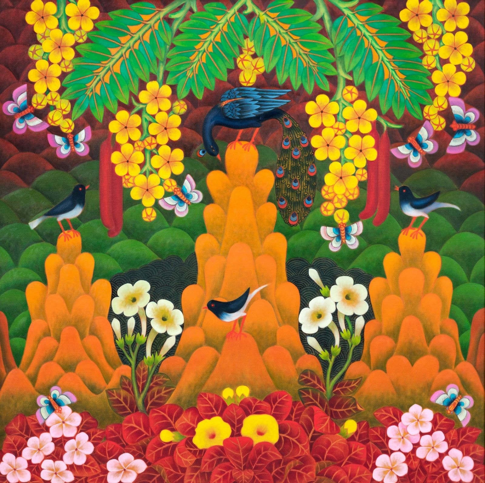 A painting of birds and flowers in a forest.