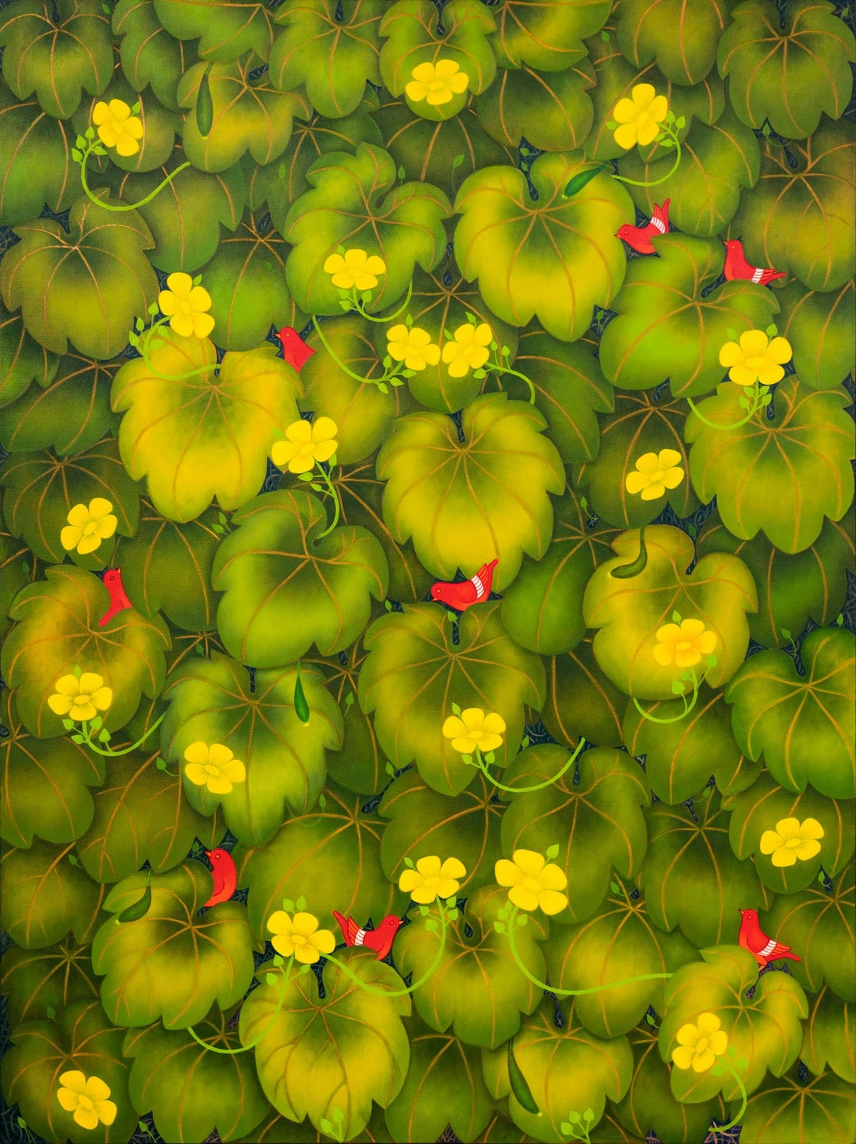 A painting of yellow flowers and red birds on a green background.