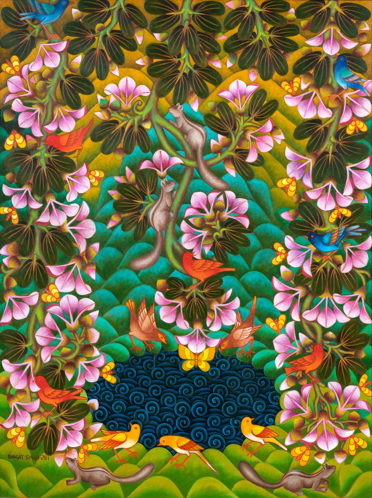 A painting of birds and flowers in a forest.