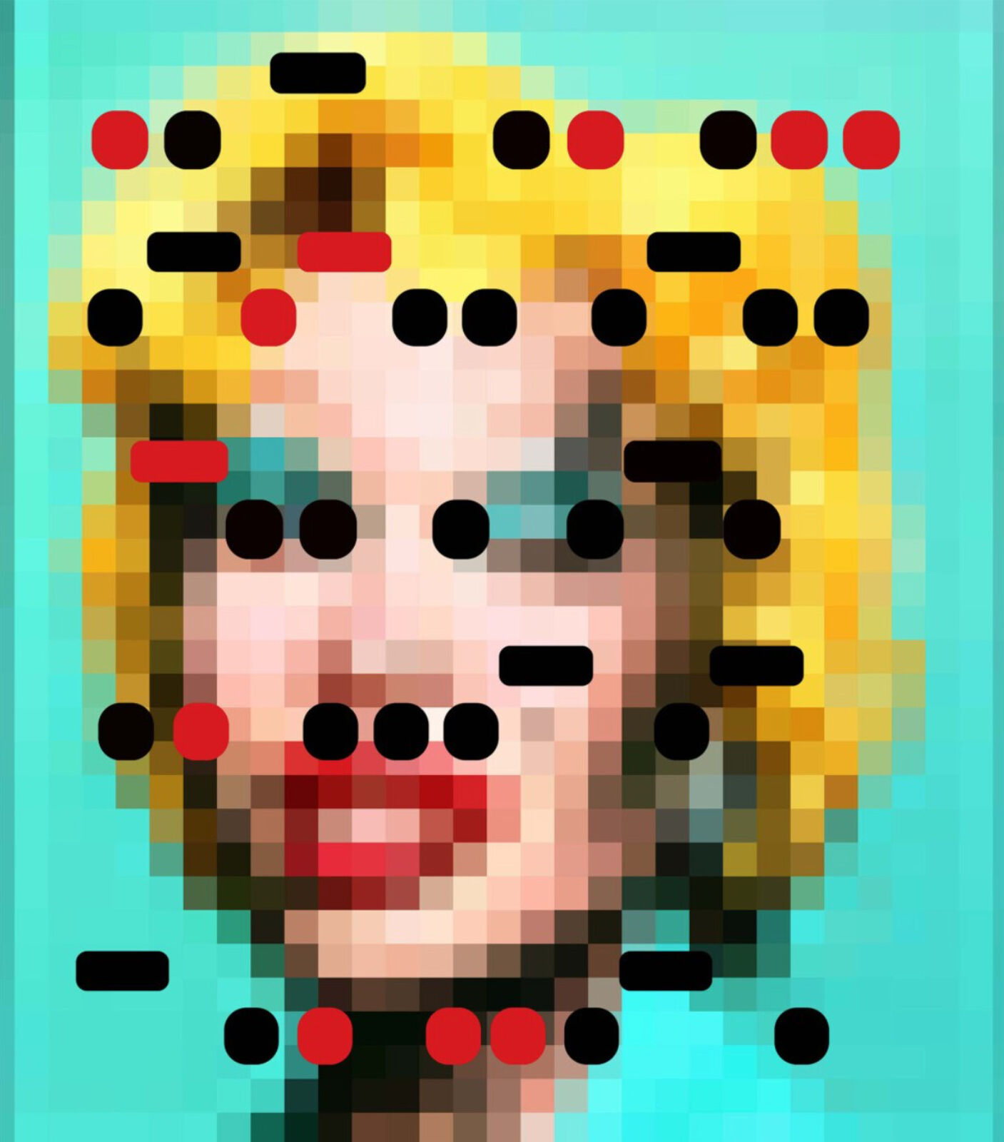 A pixelated image of a woman's face on a blue background.
