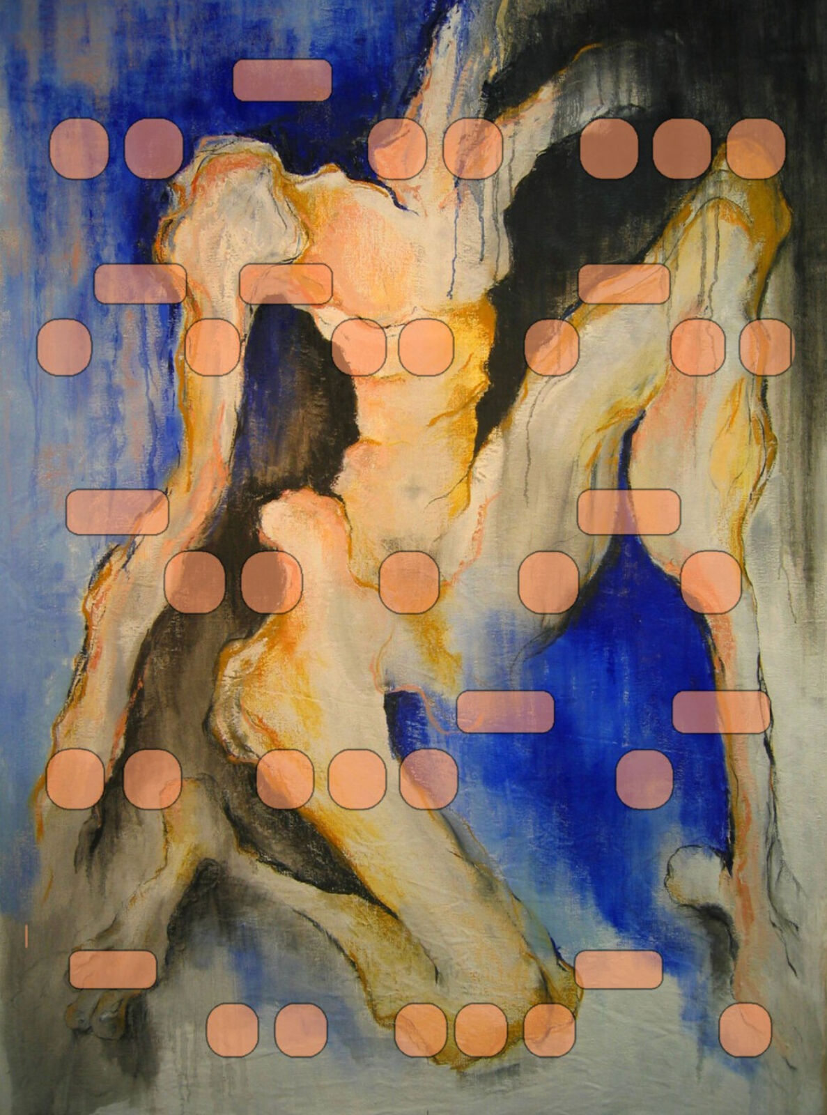 A painting of a woman with circles on it.