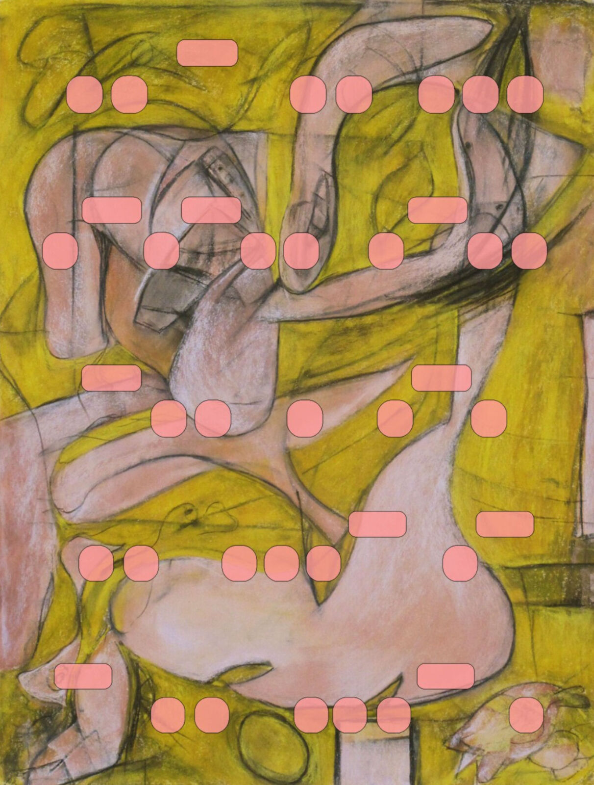 A drawing of a woman with pink circles on a yellow background.