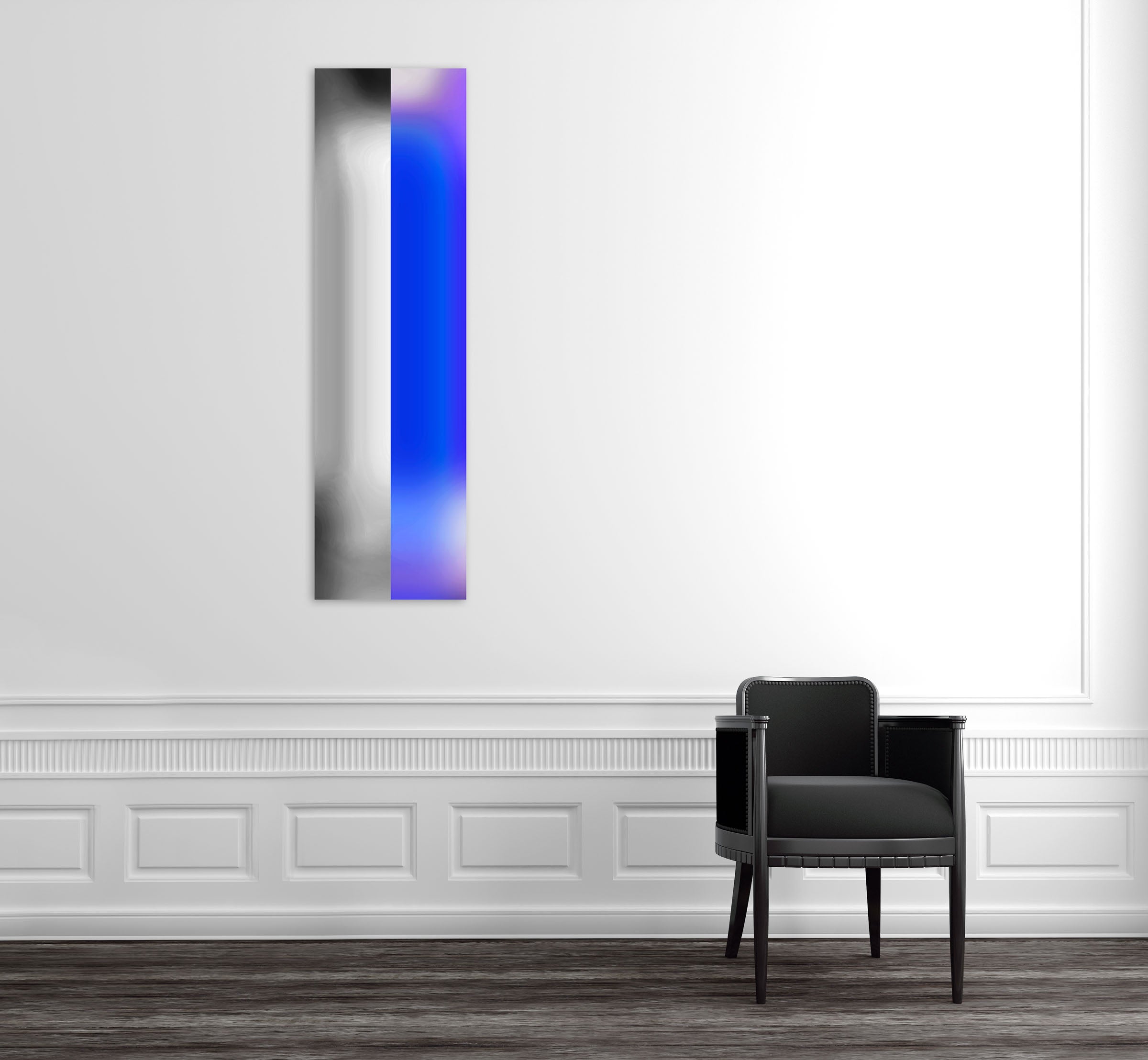 A blue and white abstract painting on a white background.