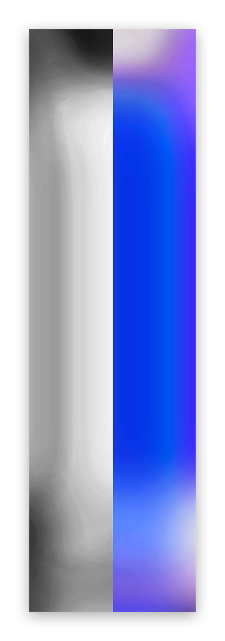 A blue and white abstract painting on a white background.