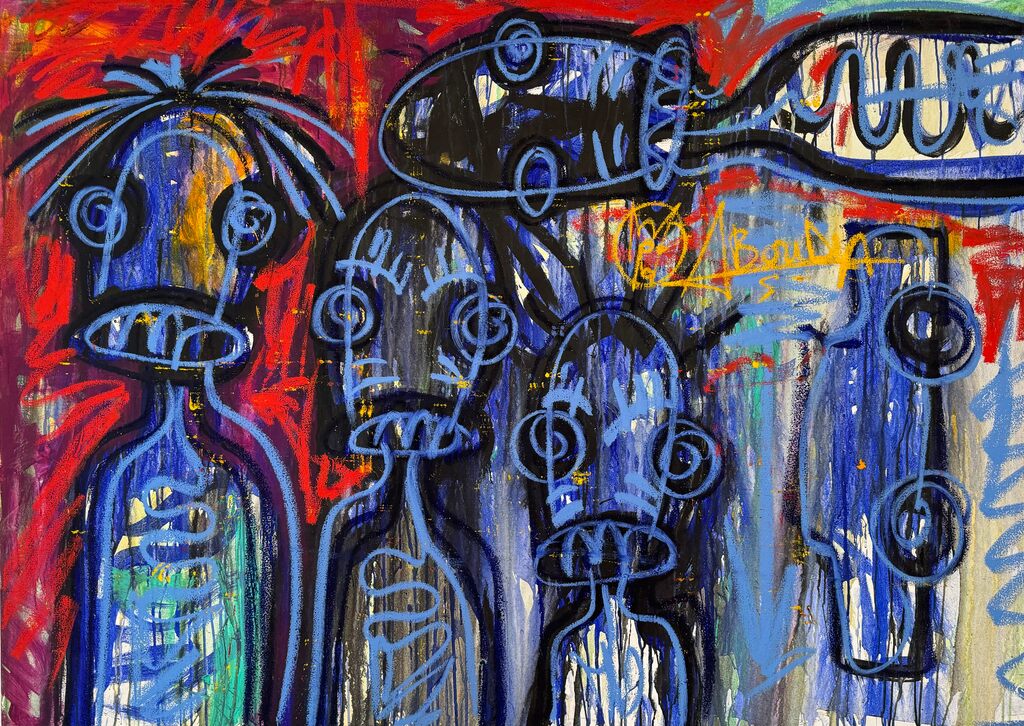 A chaotic, colorful abstract painting featuring four stylized figures with exaggerated features against a vibrant red and blue background.