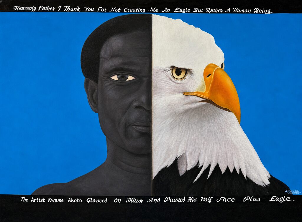 A split portrait merging a human face with an eagle's head against a vivid blue background.