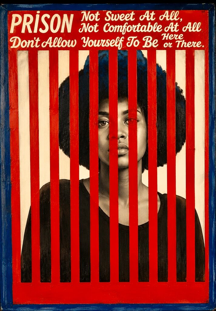 A portrait of a person with an afro hairstyle framed by red prison bars against a bold red, white, and blue background.