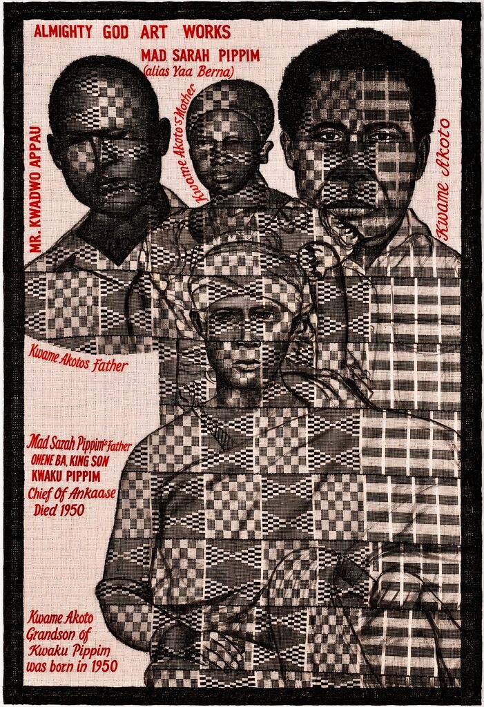 A black-and-white textile artwork featuring four stylized faces with geometric patterns and red text.