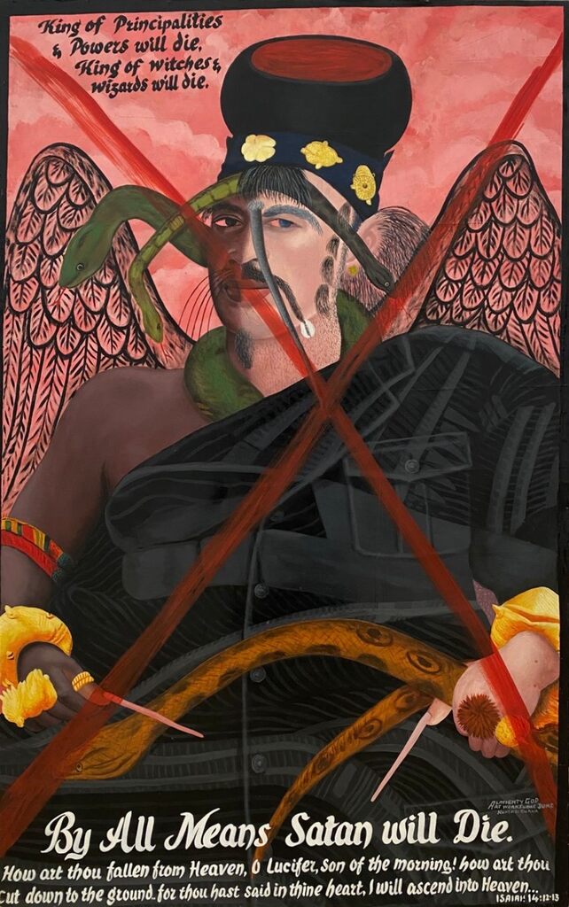 A surreal, satirical illustration of a winged figure with a snake and crossed-out red lines.