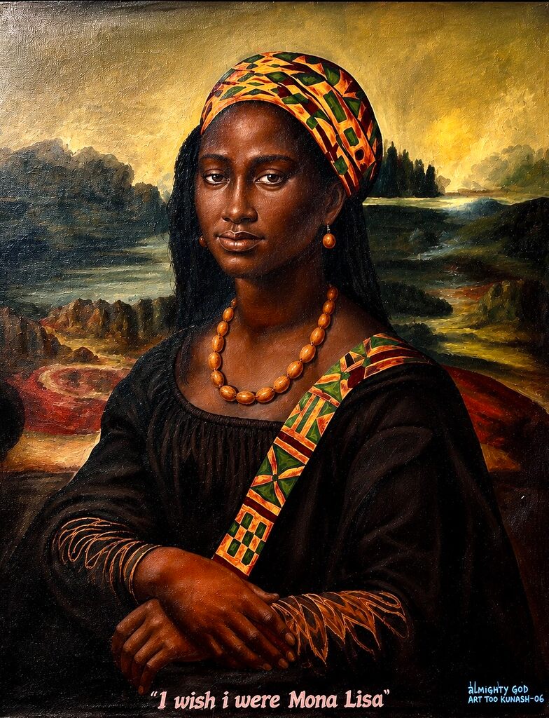 A portrait of a woman in traditional attire, styled like the Mona Lisa.