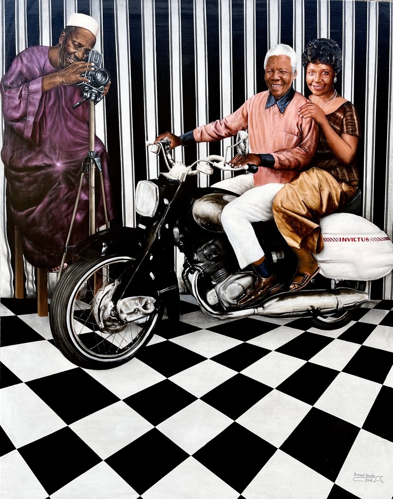 A surreal scene where a photographer captures a couple on a motorcycle in a stylized studio.