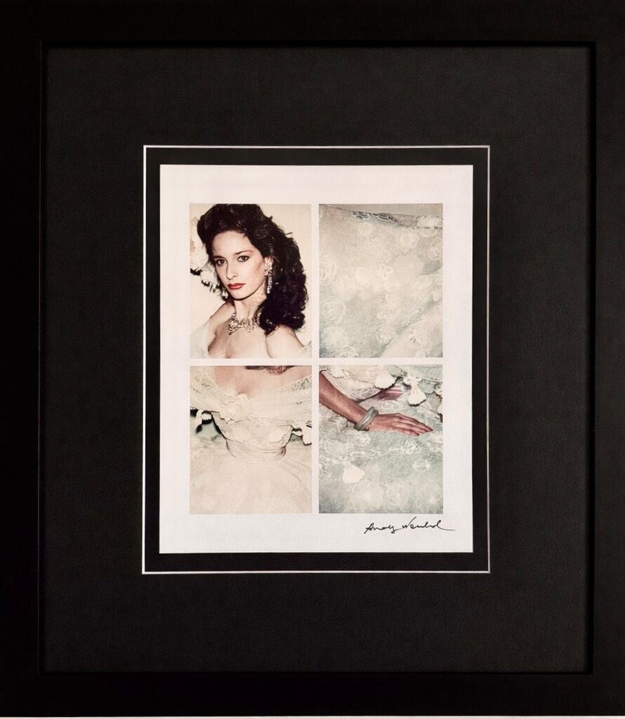 A framed collage portrait featuring a woman's face and details of her dress against a neutral background.