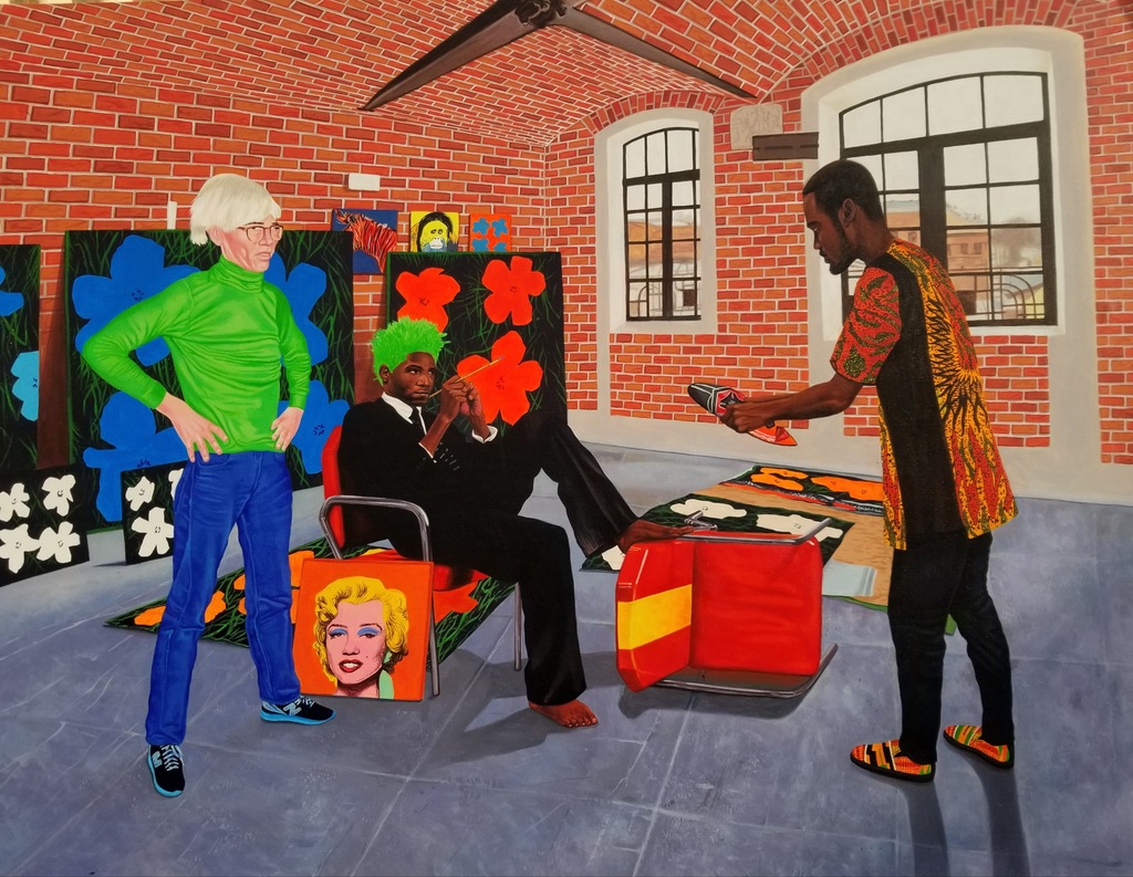 A vibrant pop-art style scene featuring three figures in a brick-walled room filled with colorful paintings and furniture.