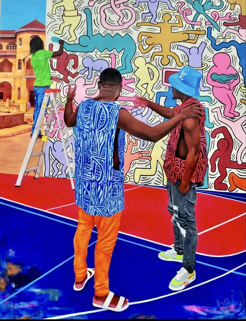 A vibrant street scene featuring three figures on a basketball court with a colorful, abstract mural in the background.