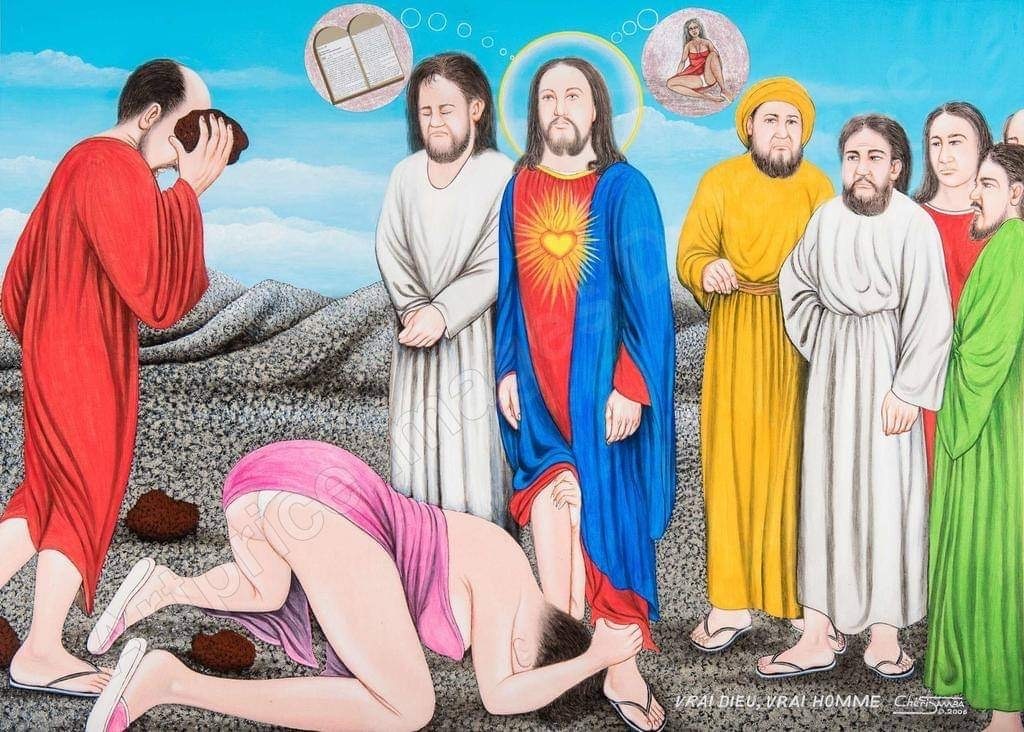 A colorful religious painting depicting a central figure with a radiant heart surrounded by several robed figures and a kneeling person.
