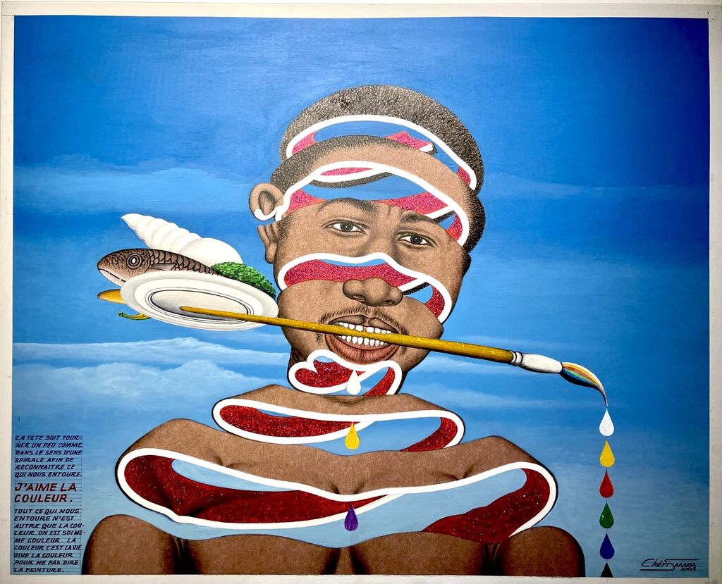 A surreal portrait of a figure with a paintbrush in their mouth, surrounded by abstract shapes and vibrant colors.