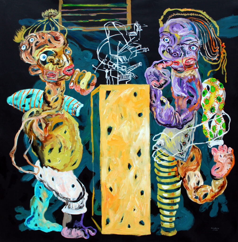 A surreal, colorful painting of two stylized figures in a dreamlike composition.
