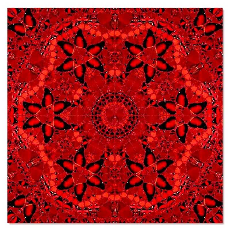 A kaleidoscopic mandala of red and black geometric shapes.