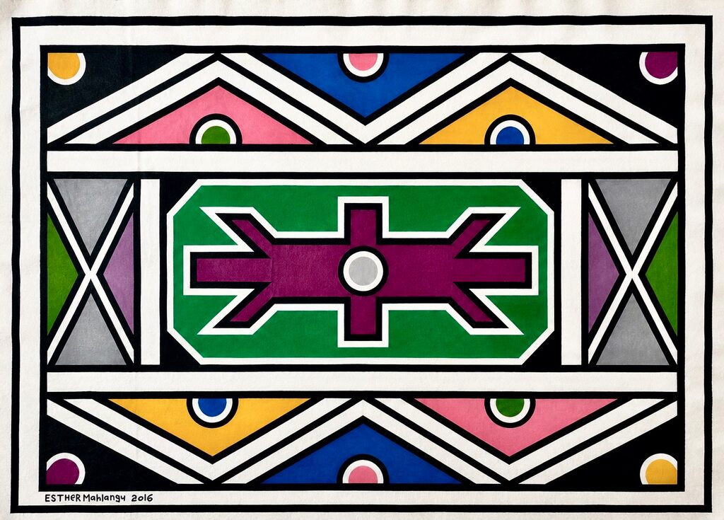 A vibrant geometric textile featuring a symmetrical pattern of colorful triangles and a central cross-like motif.