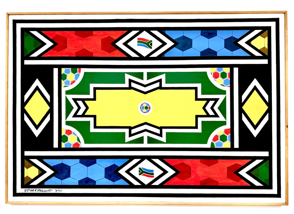 A geometric composition blending traditional South African flag motifs with modern soccer ball patterns.