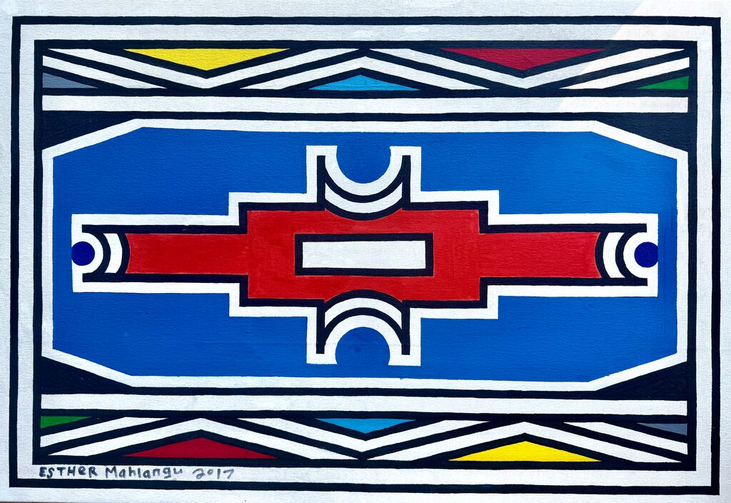 A bold geometric composition featuring a central red cross shape on a blue background, framed by intricate white and black patterns.