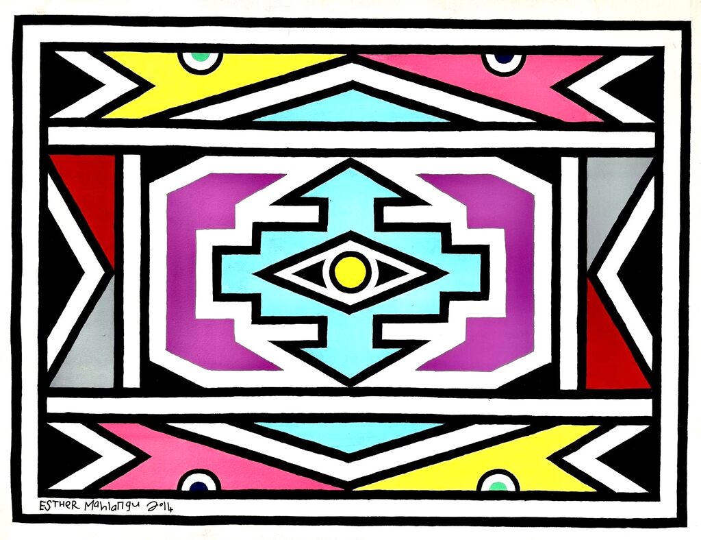 A vibrant geometric composition featuring a central eye motif surrounded by symmetrical, colorful shapes.