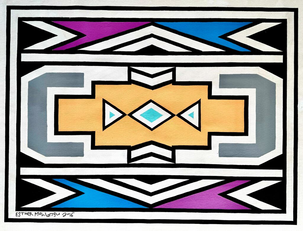 A bold geometric composition featuring a central yellow cross shape surrounded by layered triangles and diamonds in purple, blue, grey, and black.