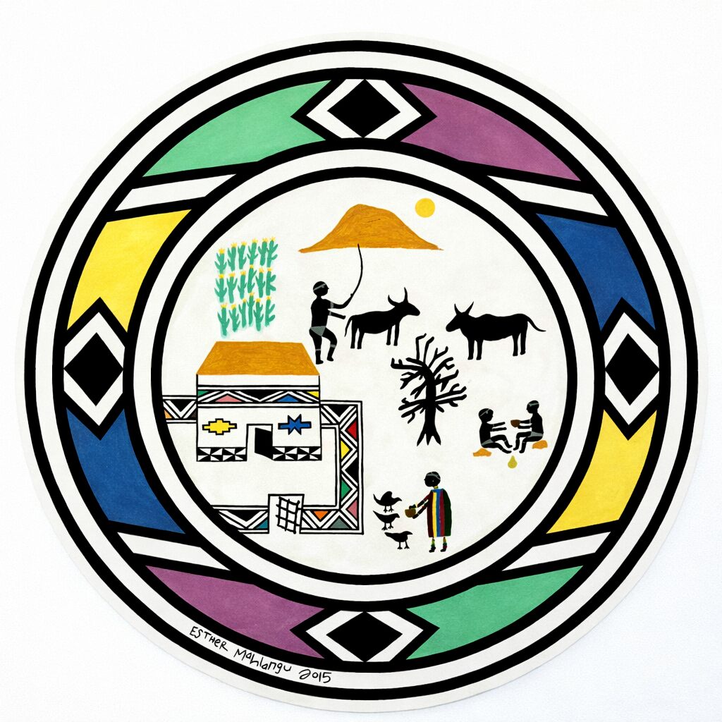 A vibrant circular illustration depicting a rural village scene with geometric borders and stylized figures.