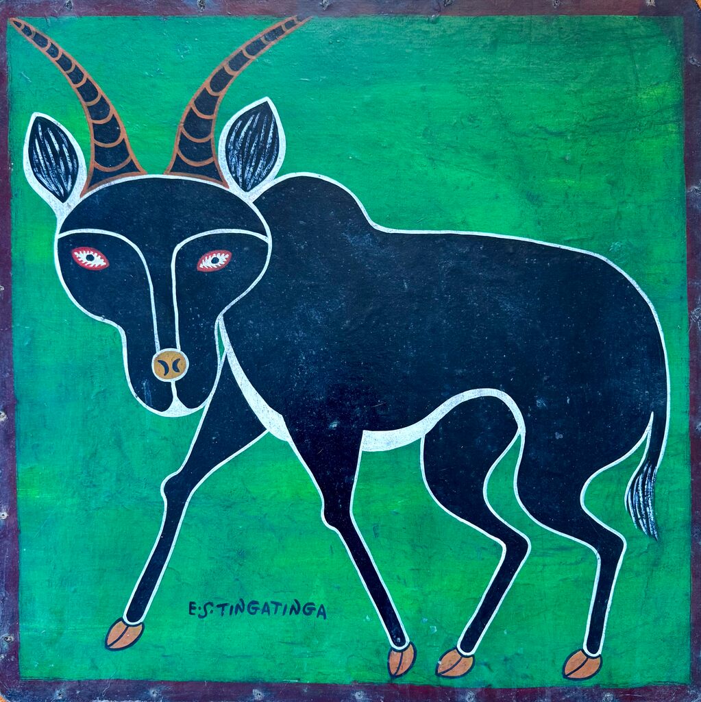 A bold, stylized painting of a black antelope against a vibrant green background.