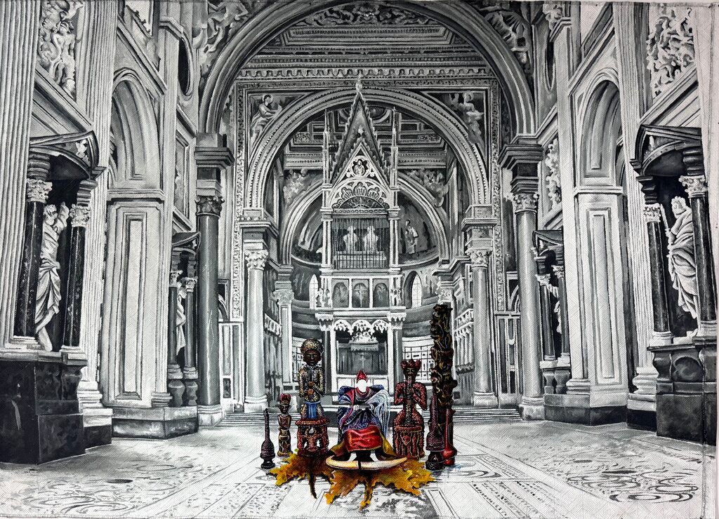 A surreal black-and-white cathedral interior featuring a vibrant, colorful throne-like arrangement in the foreground.