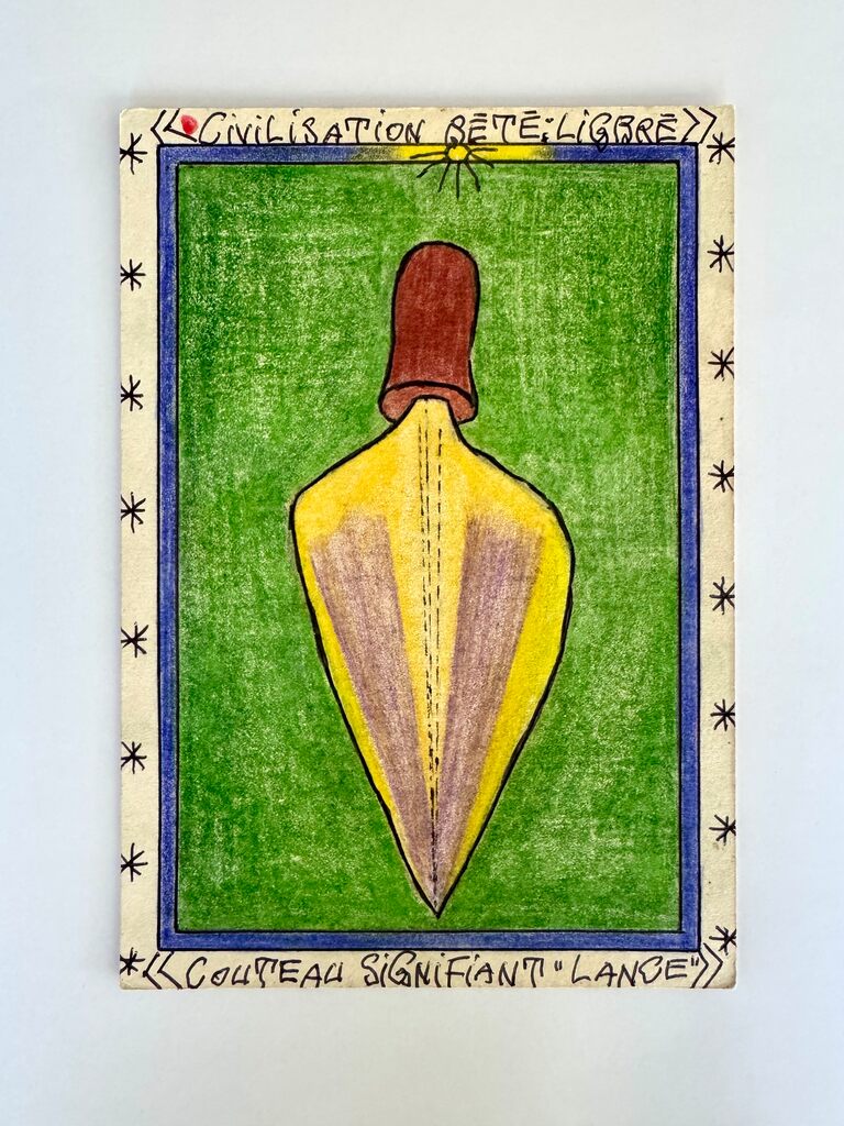 A hand-drawn illustration of a stylized knife on a green background with decorative borders.