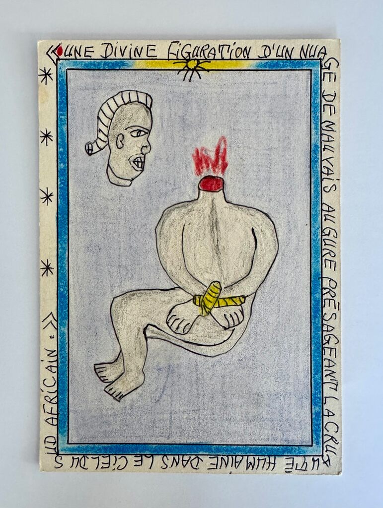 A surreal drawing of a seated figure with a floating head and red flame-like hair.