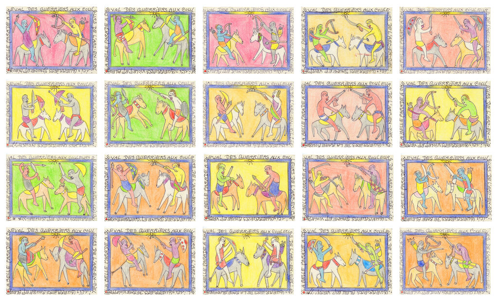 A grid of twenty hand-drawn panels depicting stylized figures on horseback in medieval combat, rendered in bright pastel colors against a white background.