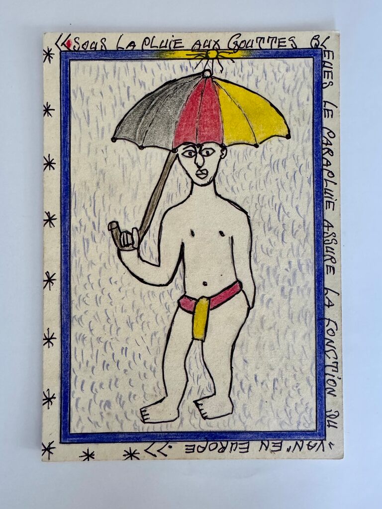 A hand-drawn illustration of a nude figure holding an umbrella against a rainy background.