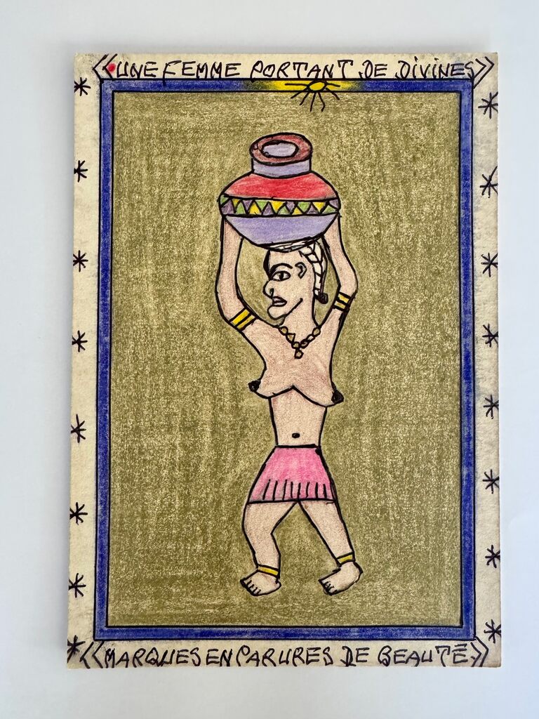 A hand-drawn illustration of a figure carrying a large vessel on their head, rendered in bold lines and vibrant colors.